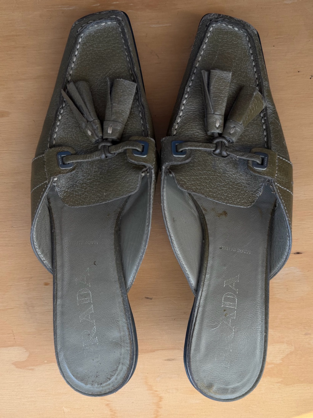Prada Olive Leather Tassel Slide Mules